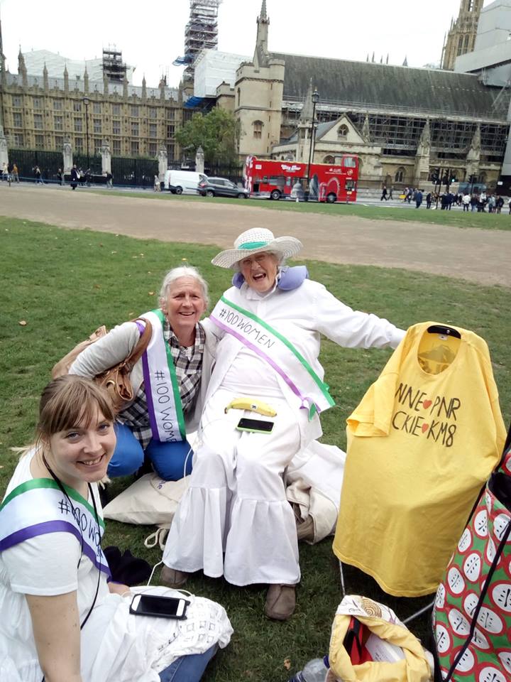 The amazing veteran environmental capaigner Anne Power almost 87 years of age at 100 Women demo in Westminster.